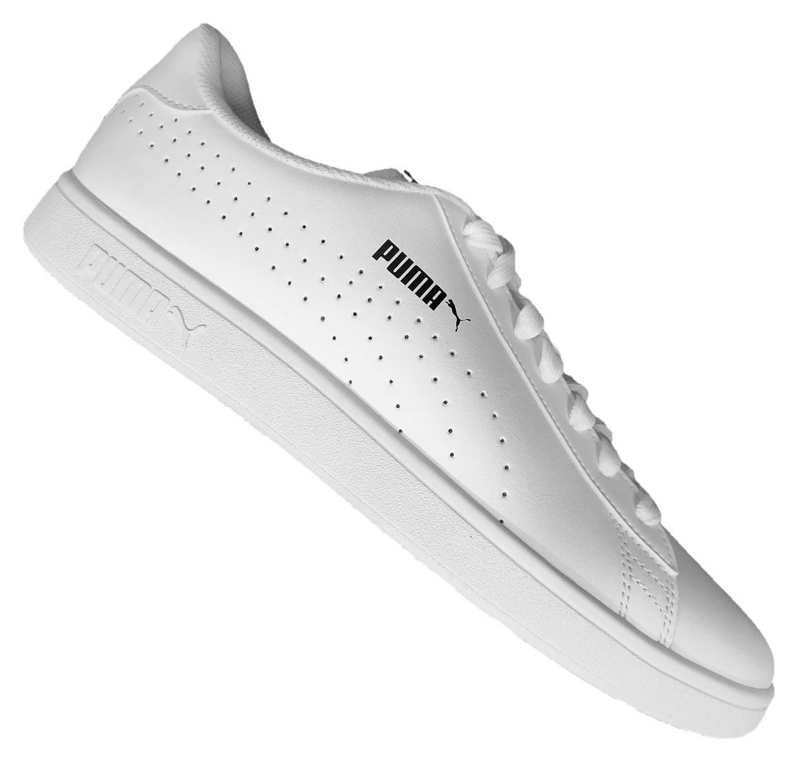 KADE 01 in Kobalt: witte leren sneaker, schuin zwevend